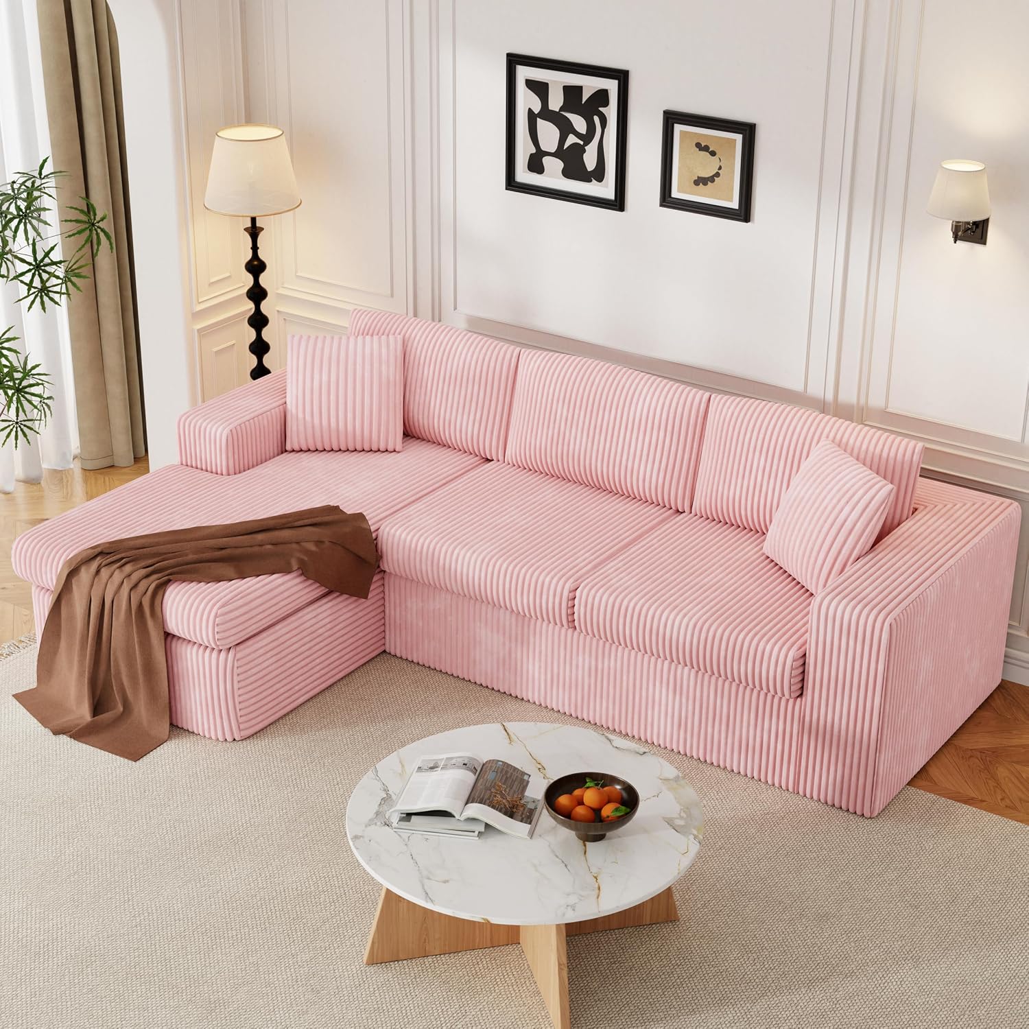 JAMFLY 105' Boneless Couches for Living Room Modular Sectional Sofa L-Shape Couch with Oversized Chaise, Cloud Couch Deep Seat Memory Foam Upholstered for Bedroom, Plush Corduroy Fabric, Baby Pink