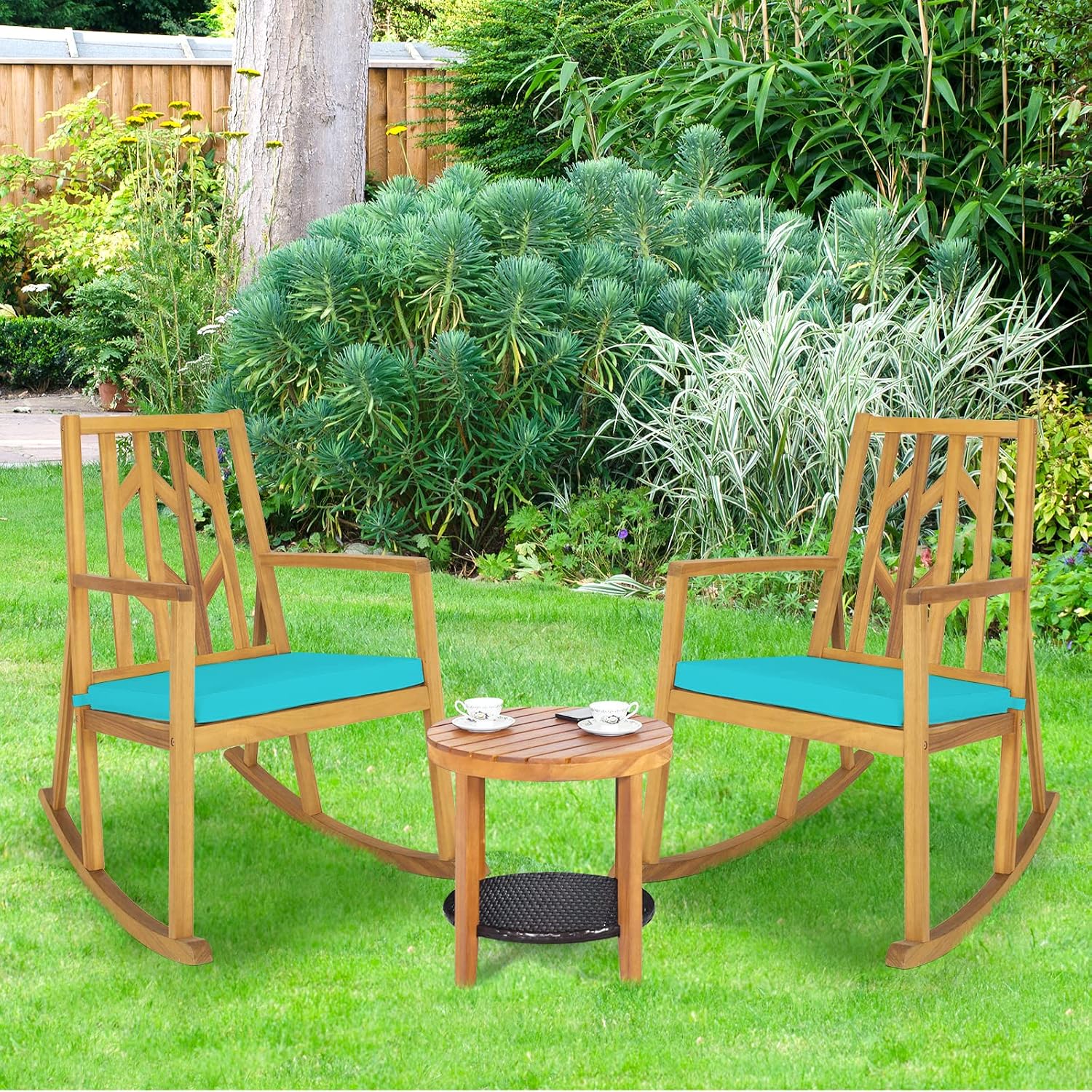 Tangkula 2 Pieces Acacia Wood Patio Rocking Chair, Outdoor Porch Rocker W/Removable High-Density Cushion, All-Weather Resistance, Perfect for Garden, Backyard, Poolside