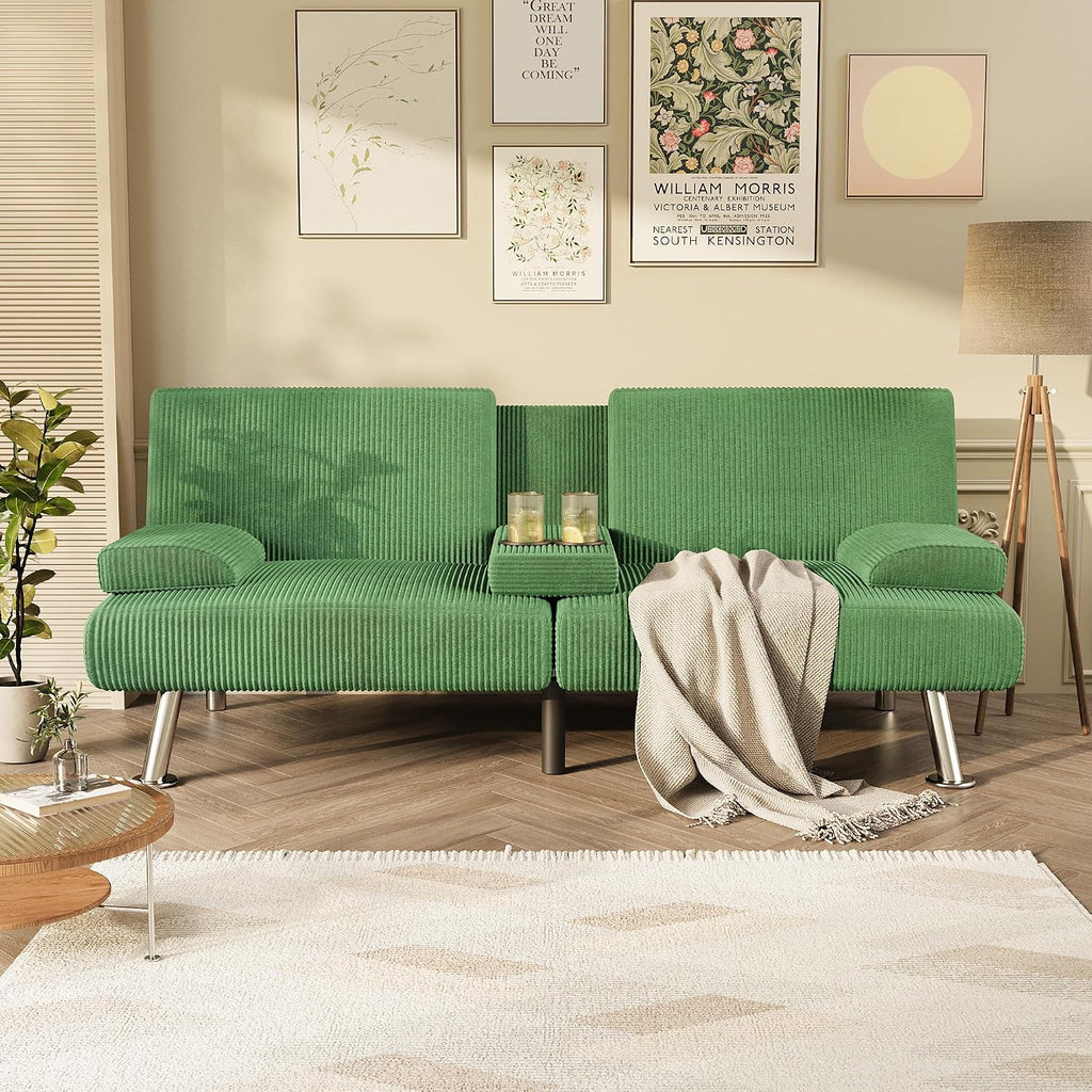 Homall Futon Sofa Bed, Futon Couch with Removable Armrests, Adjustable Recliner Sleeper Sofa Bed with Dual Cup Holders for Living Room, Apartment, Office (Corduroy, Green)