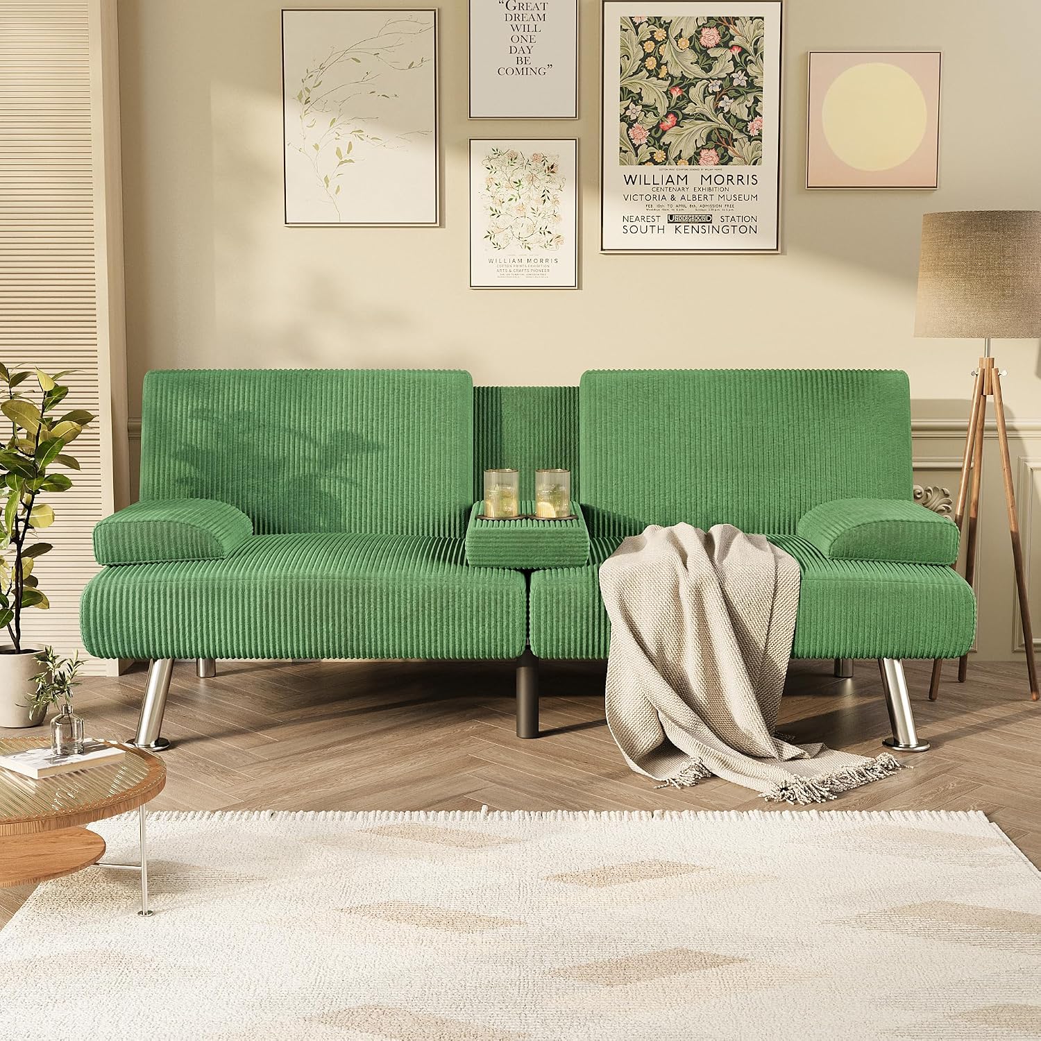 Homall Futon Sofa Bed, Futon Couch with Removable Armrests, Adjustable Recliner Sleeper Sofa Bed with Dual Cup Holders for Living Room, Apartment, Office (Corduroy, Green)