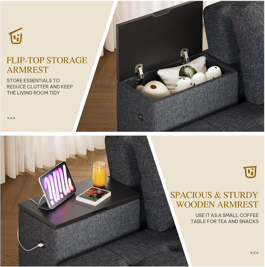 YITAHOME Queen Size Sleeper Sofa, 5-in-1 Convertible Sofa Bed Couch with 2 Storage Cabinets and USB Ports, 100' Sectioanl Sofa Couch with 2 Throw Pillow for Living Room, Grey Linen Fabric