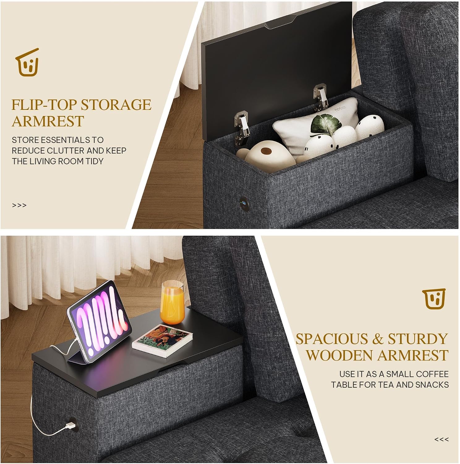 YITAHOME Queen Size Sleeper Sofa, 5-in-1 Convertible Sofa Bed Couch with 2 Storage Cabinets and USB Ports, 100' Sectioanl Sofa Couch with 2 Throw Pillow for Living Room, Grey Linen Fabric
