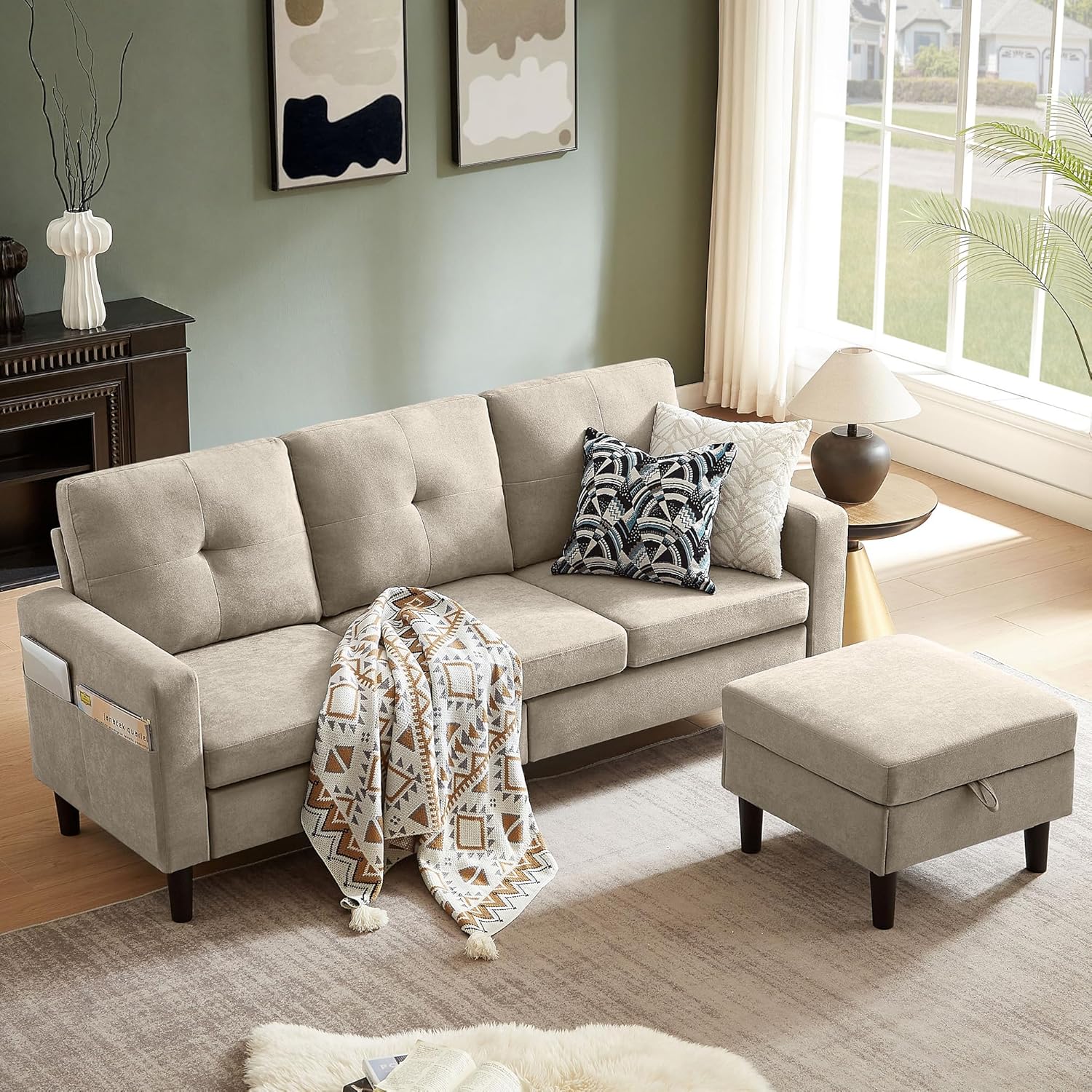 80' Convertible Sectional Sofa Couch with Movable Ottoman, 3 Seats Sectional Sofas L Shaped Couch for Small Spaces, Soft Fabric Couch for Living Room (Beige)