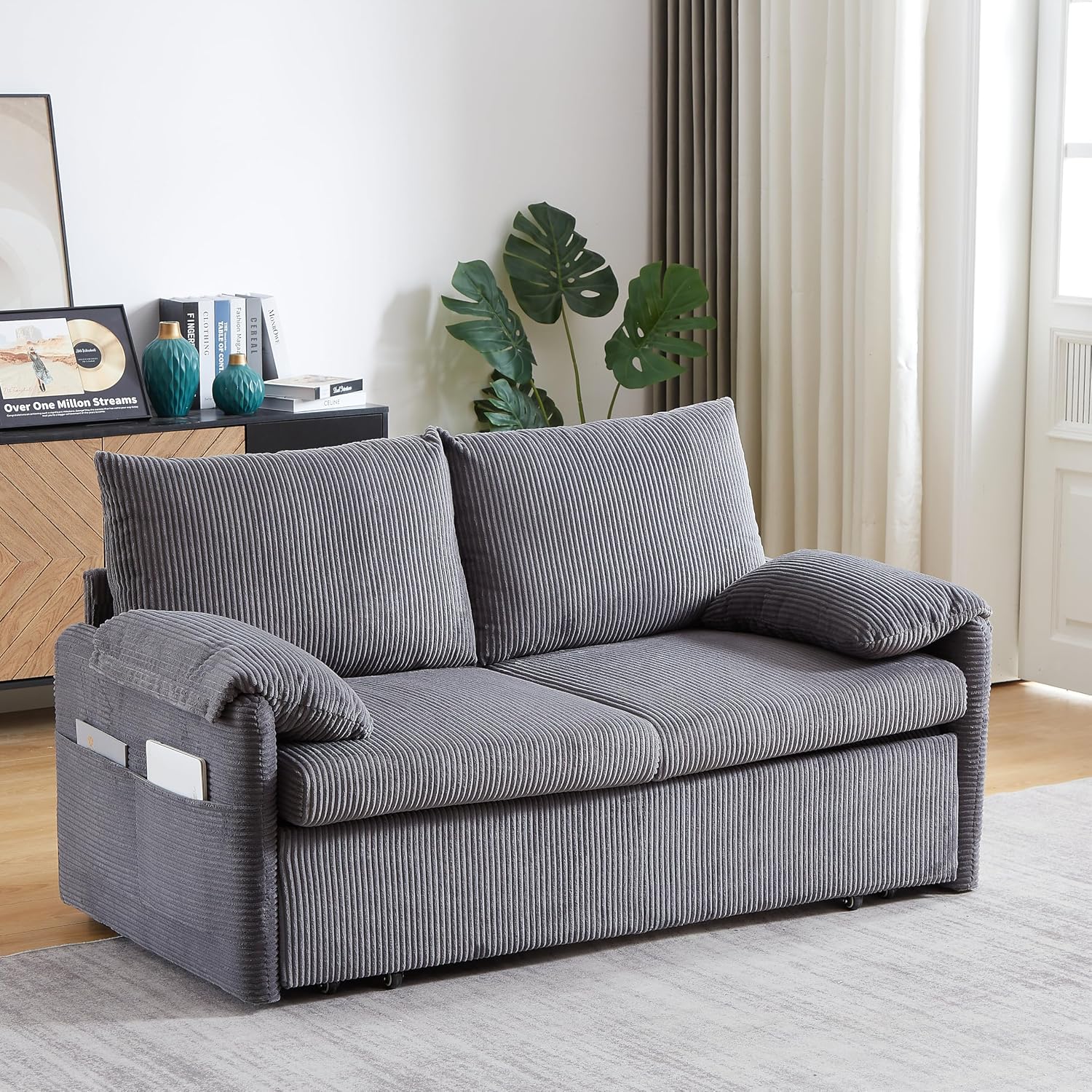 Eafurn 3 in 1 Convertible Pull Out Sleeper Sofa Couch Bed Queen Size, Corduroy Pullout Lounge Loveseat RV Sofa&Couches Sofabed with Soft Pillows Armrest,Side Pockers for Living Room Apartment