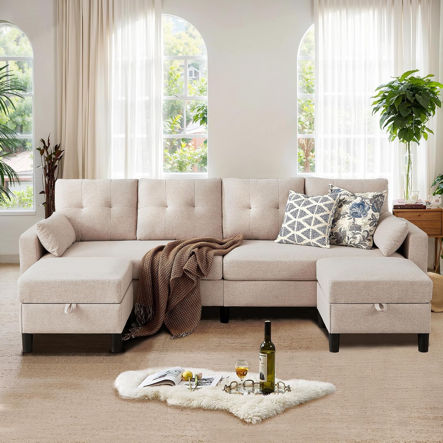 Sectional Sofa with Storage Seats, 4 Seater U Shaped Couch with 2 Movable Ottoman Chaises for Living Room, Polyester Cover & Soft Cushions, 101' Combination Sectional Couch, Beige