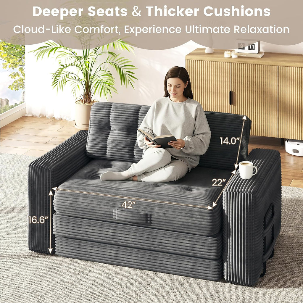 Convertible Sofa Bed, 2 in 1 Boneless Couch Bed with 2 Pillows, Corduroy Pull out Couch Folding Sofa Bed with Deep Seat, Small Loveseat Sleeper Sofa Bed in a Box for Small Spaces, No Assembly Required