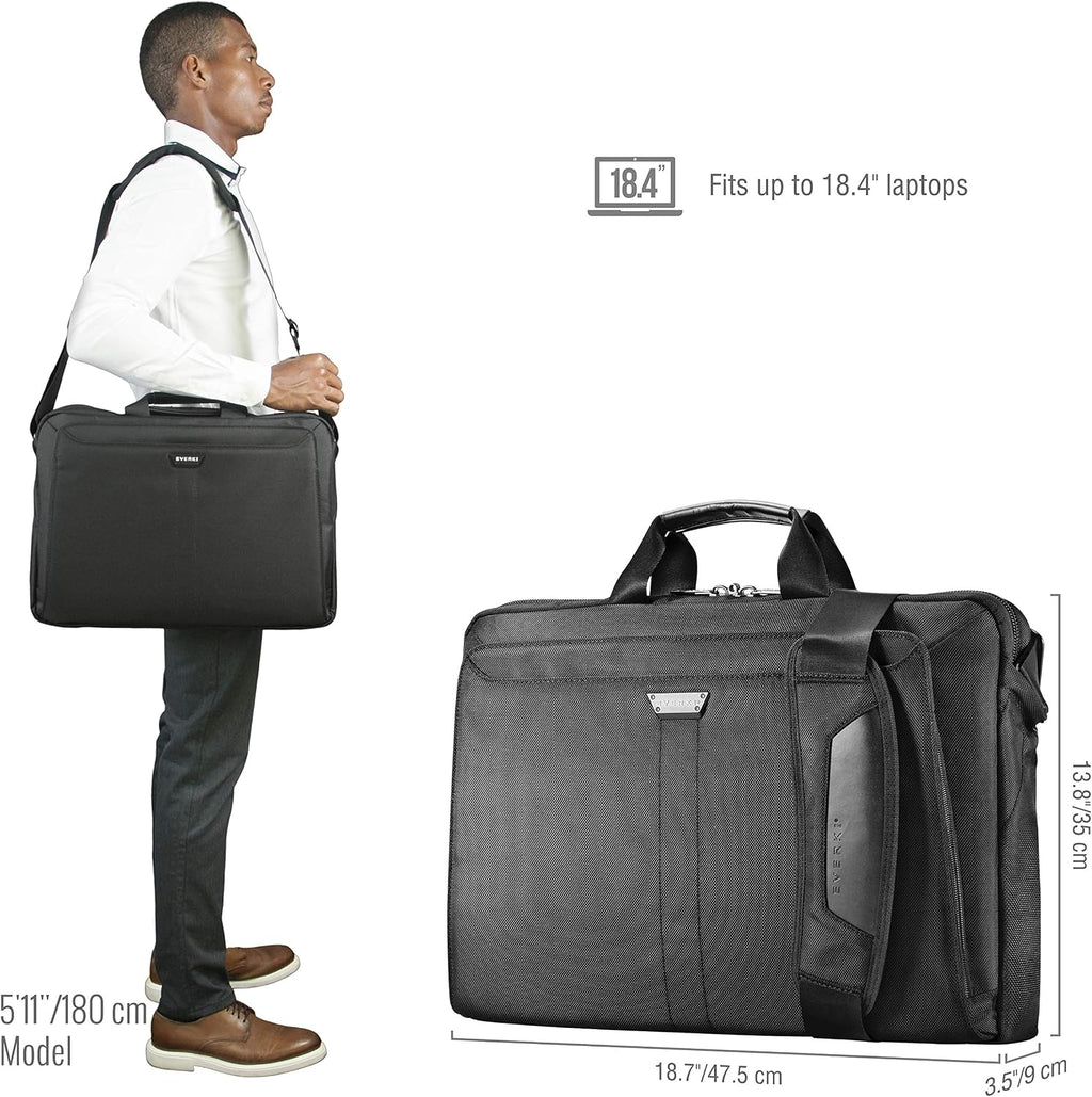 EVERKI Lunar Large Laptop Briefcase - Water-Repellent Durable Ballistic Nylon & Leather Accent Briefcase Bag, Professional Work/Gaming Laptop Bag for 18.4' Lap top, 19L Capacity (EKB417BK18) Black