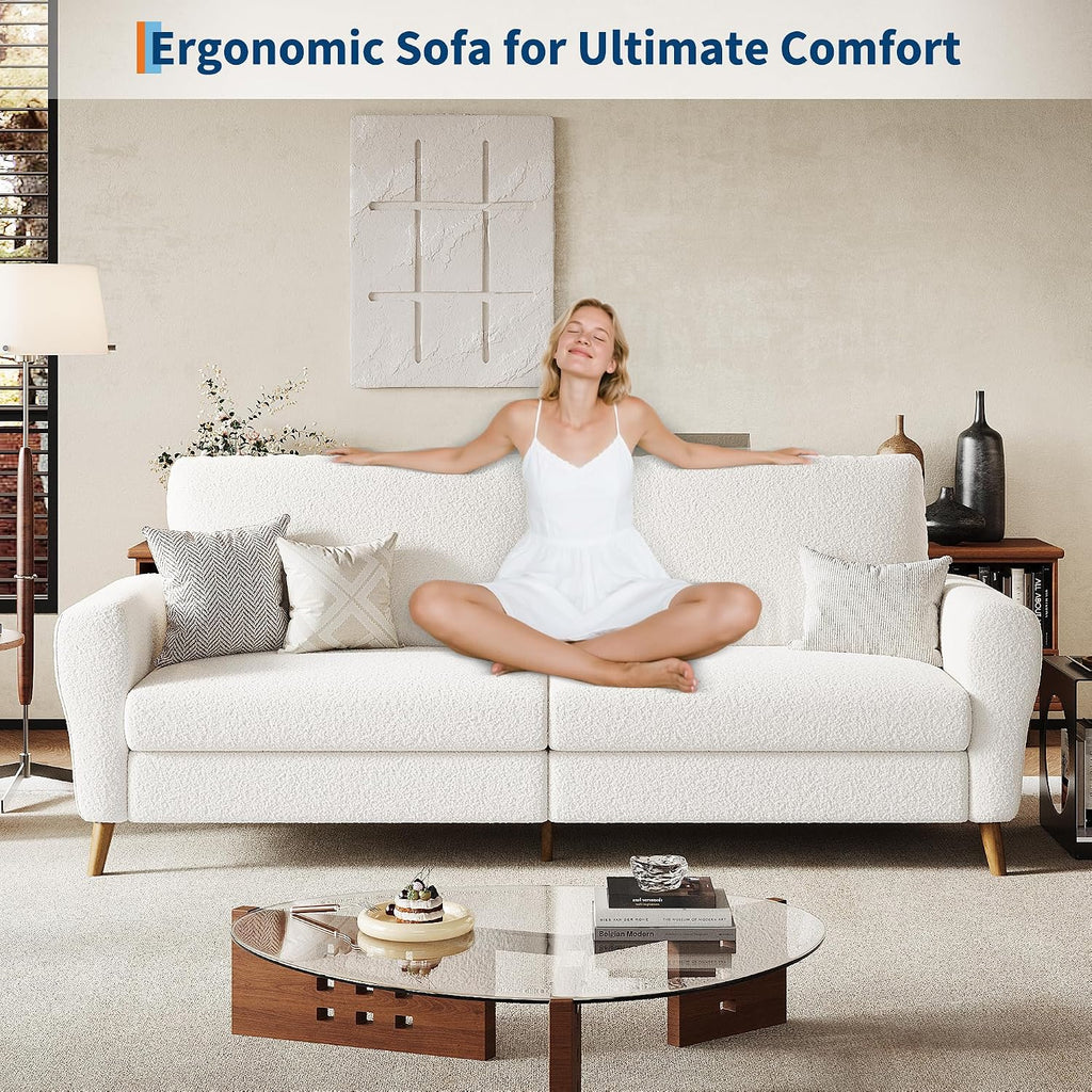 GarveeHome 84 in Sofa Couch, Large Loveseat Sofa with Wide Armrests, Deep Seats & Wood Feet, 3 Seater Modern Boucle Sofa, Comfy Couches for Living Room Bathroom Small Spaces, White