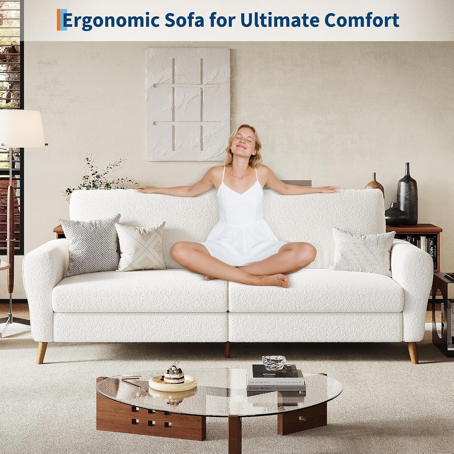 GarveeHome 84 in Sofa Couch, Large Loveseat Sofa with Wide Armrests, Deep Seats & Wood Feet, 3 Seater Modern Boucle Sofa, Comfy Couches for Living Room Bathroom Small Spaces, White