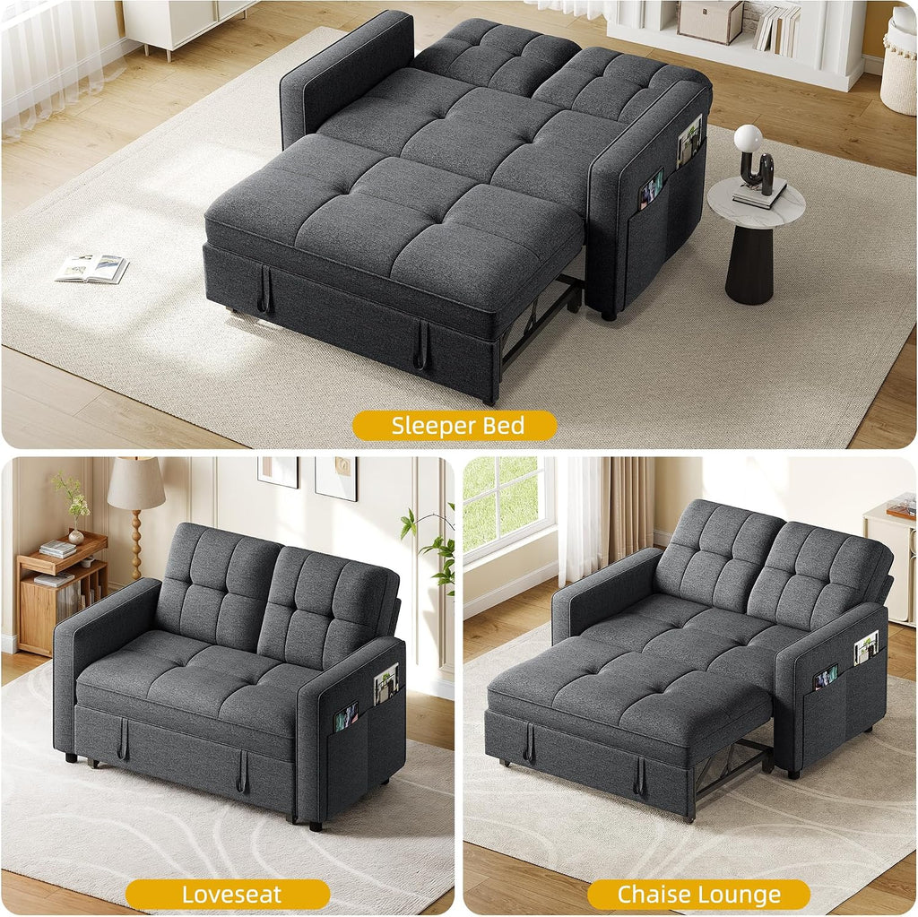 YITAHOME 55' Convertible Sofa Bed, 3-in-1 Pullout Sofa, Linen Sleeper Sofa with Reclining Backrest and Side Pocket, Modern Futon Couch for Living Room Bedroom Apartment, Grey