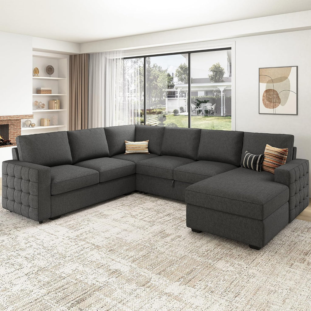 HONBAY Sectional Sleeper Sofa with Pull-Out Bed Storage Chaise, 6 Seaters Couch for Living Room, Light Grey