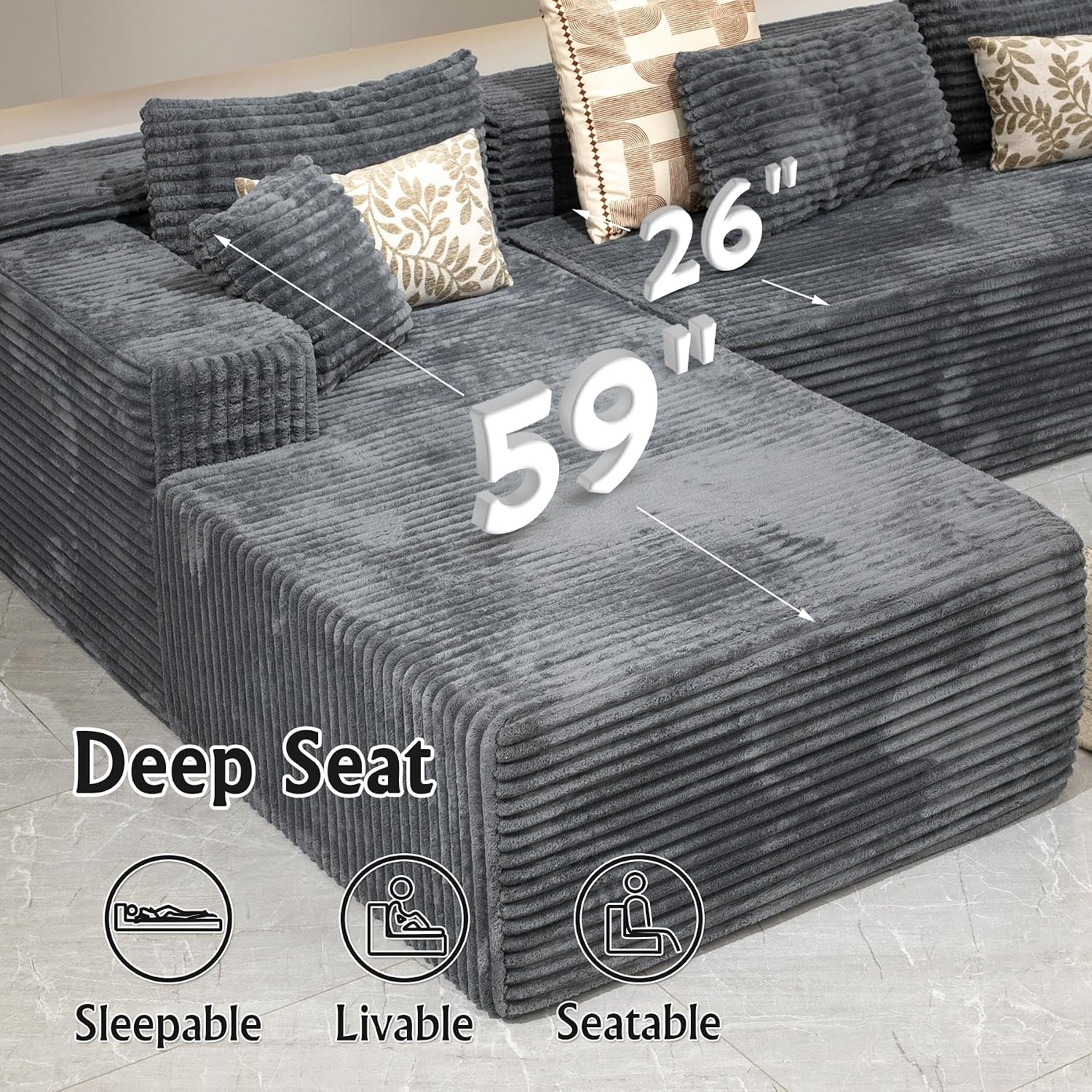 Sectional Couches for Living Room Corduroy Couch, 104' Cloud Boneless Couch with L-Shape Chaise, Modern Modular Sofa, Deep Seat Comfort, No Assembly Required(Plush Corduroy, Left Facing Chaise)