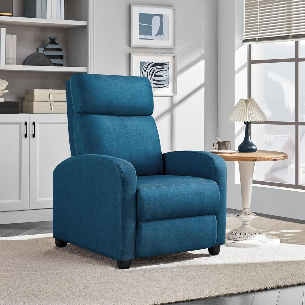 Yaheetech Recliner Chair Fabric Recliner Sofa with Lumbar Support High-Density Foam & Pocket Springs, Home Theater Seating Push Back Armchair for Living Room Blue