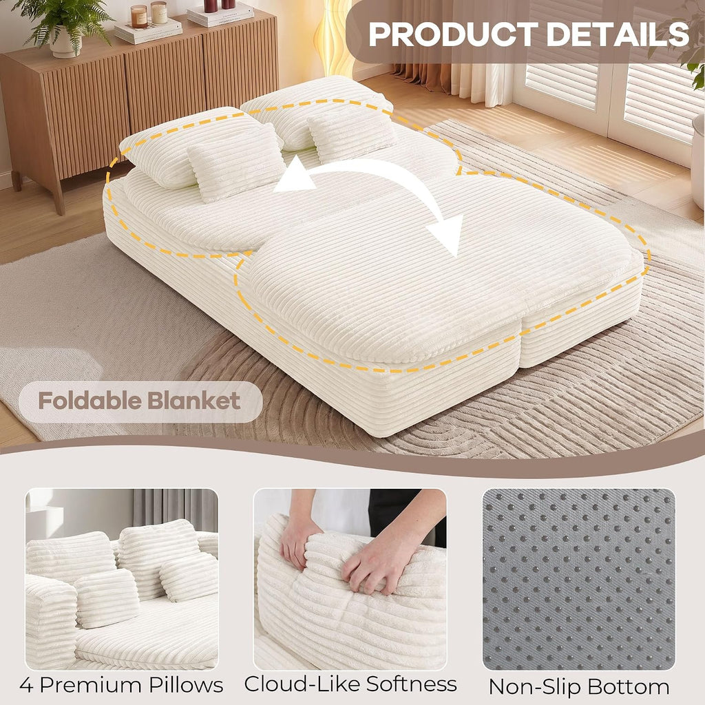 75'' Folding Sleeper Sofa Bed, Convertible Memory Foam Boneless Couch, Foldable Full Size Guest Bed, Modern 2-in-1 Futon Floor Sleeper Sofa with 4 Pillows and Blanket (Corduroy, Beige)