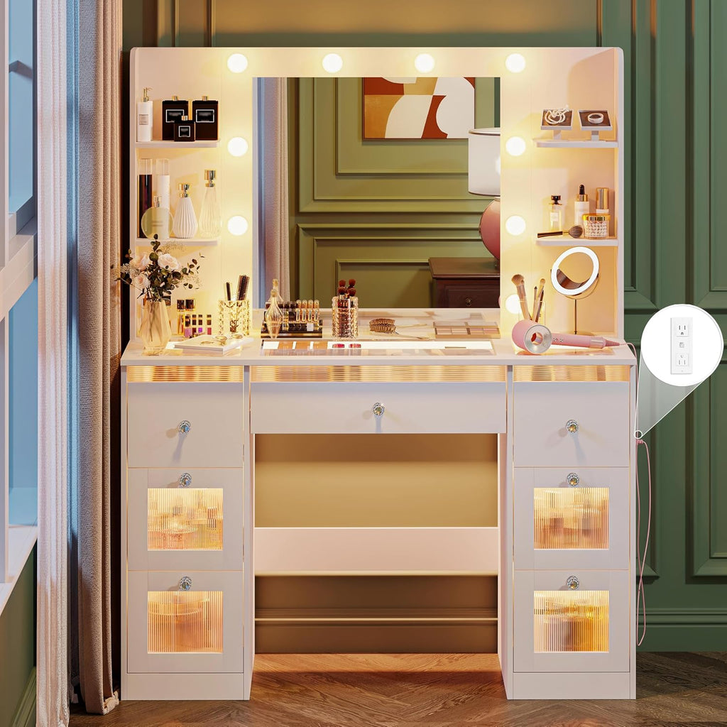 Makeup Vanity with 3-Color Lighted Mirror, Glass Top Makeup Desk with 7 Drawers, 4 Shelves, Built-in Power Outlet, Small Vanity Table for Women & Girls, White