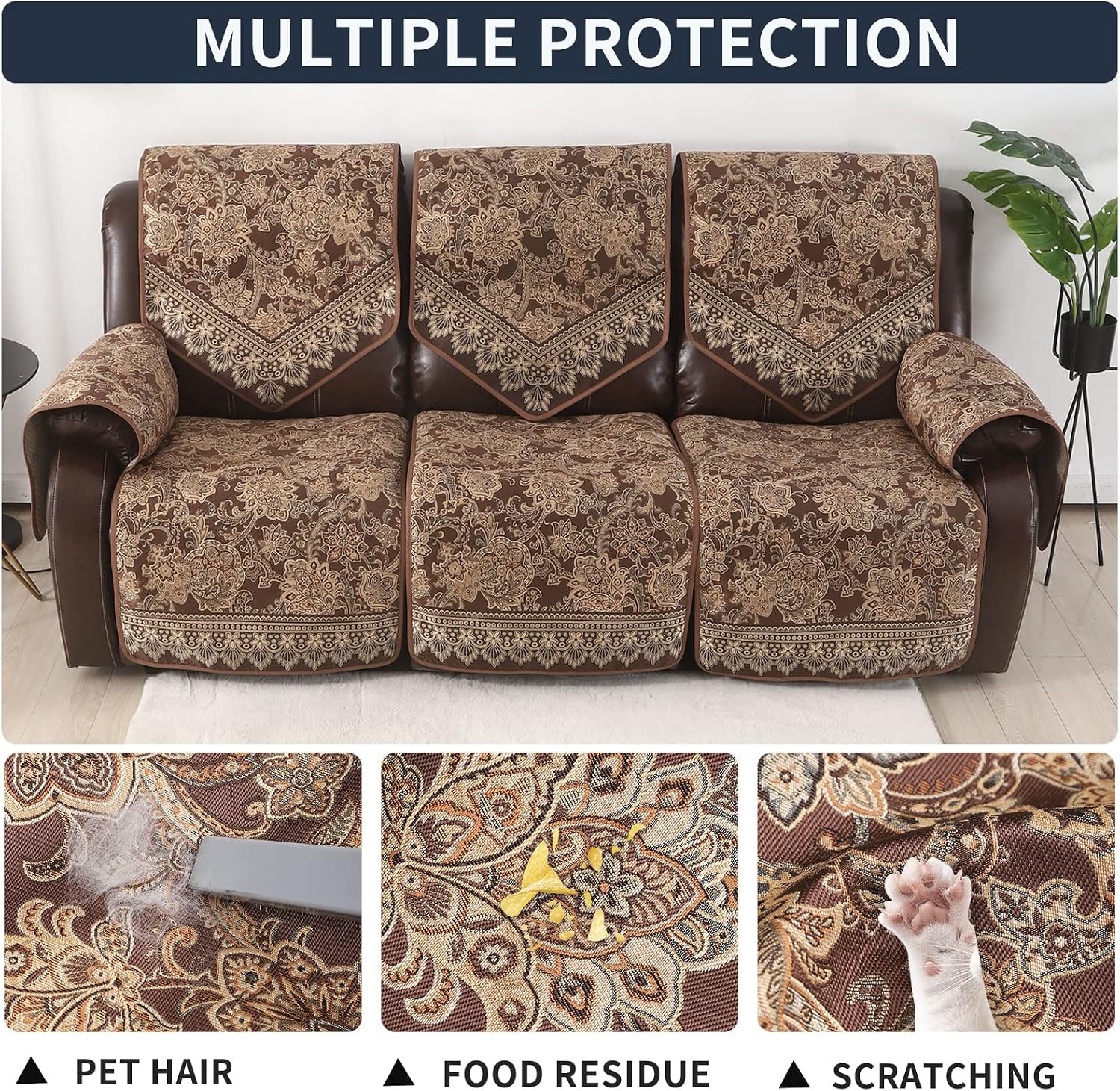 Waterproof Recliner Sofa Covers Non-Slip Recliner Couch Covers for 3 seat, Split Washable Jacquard Reclining Couch Covers Furniture Protecto (Brown, 3 Seater)