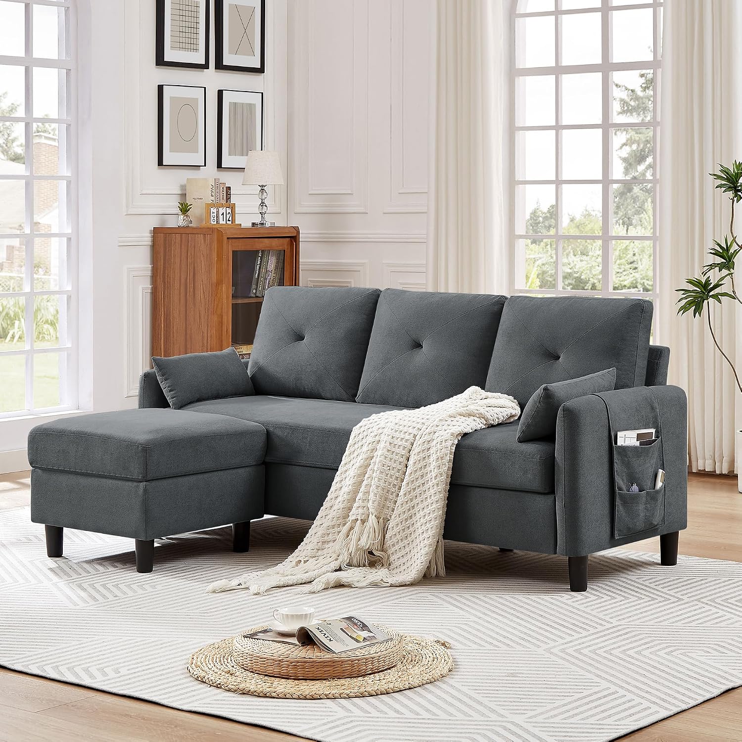 Convertible Sectional Sofa, 77' Small L Shaped 3 Seat Couch with Reversible Storage Chaise, Modern Polyester Fabric Sofa Couches for Living Room, Apartment and Small Space, Dark Grey