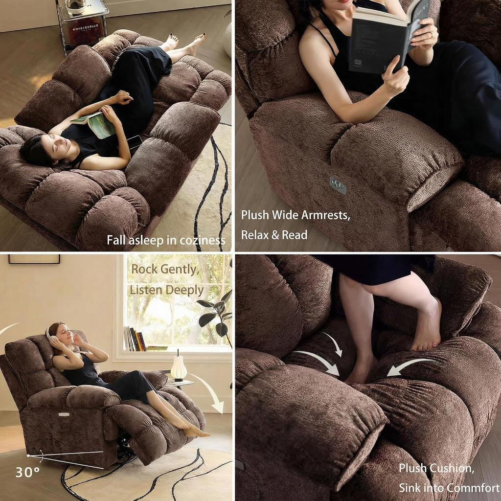 Oversized Recliner Chair, Overstuffed Swivel Rocker with Extra Wide Seat & Breathable Fabric for Living Room (Power, Brown)