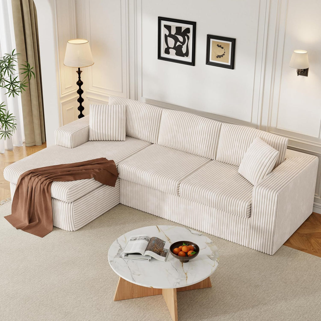 JAMFLY 105' Boneless Couches for Living Room Modular Sectional Sofa L-Shape Couch with Oversized Chaise, Cloud Couch Deep Seat Memory Foam Upholstered for Bedroom, Plush Corduroy Fabric, Cream Beige