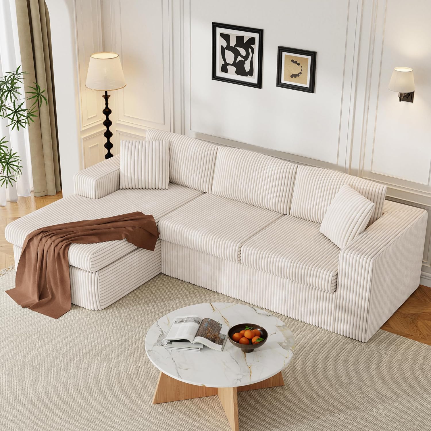 JAMFLY 105' Boneless Couches for Living Room Modular Sectional Sofa L-Shape Couch with Oversized Chaise, Cloud Couch Deep Seat Memory Foam Upholstered for Bedroom, Plush Corduroy Fabric, Cream Beige