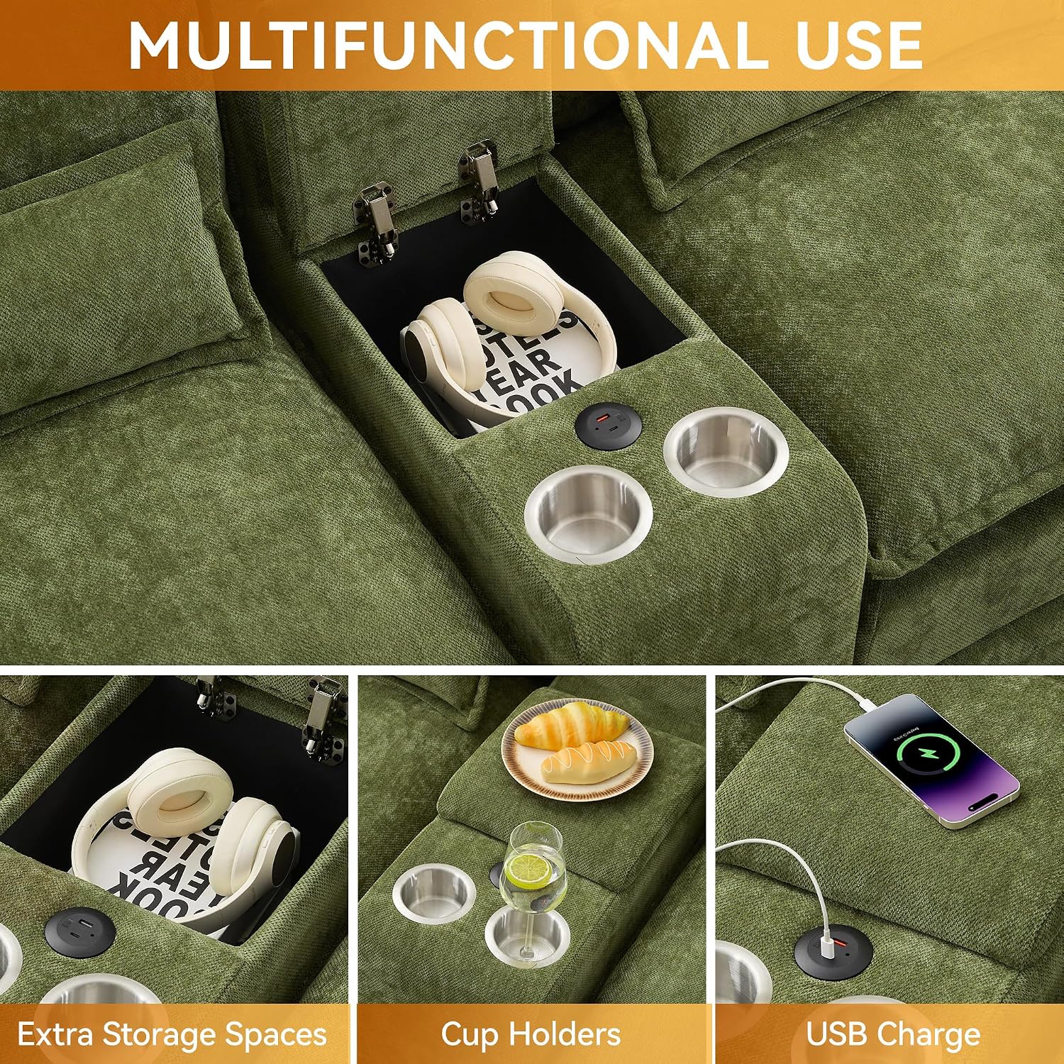 125'' U Shaped Cloud Modular Sofa with Chaise Lounges, Chenille Upholstered Comfy Sectional Couch with Storage Console, USB Charging Ports & Cup Holders, Small Deep Seat Sofa for Living Room, Green