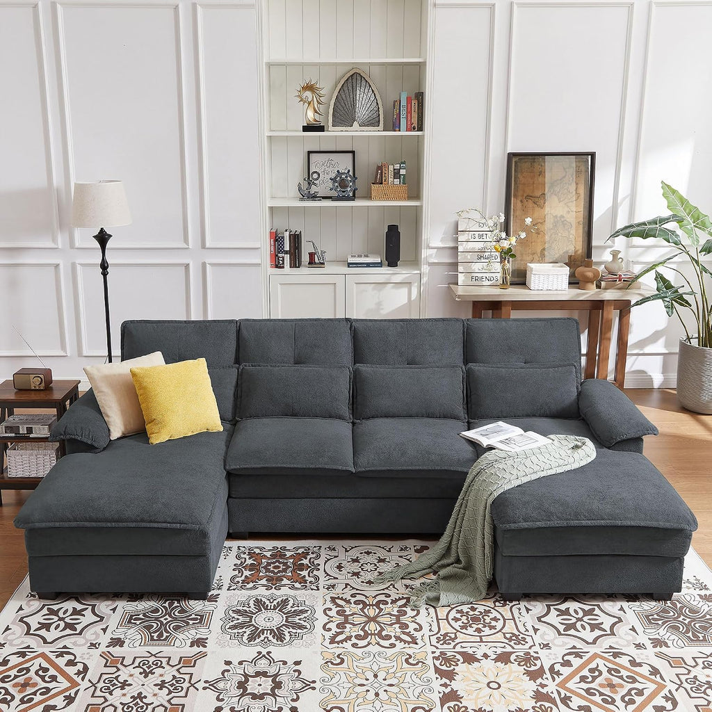 110' Comfy Cloud Couch Sectional Sofa with Lumbar Pillows, Modern U-Shaped Cloud Sofa with Double Chaise & Deep Seat for Living Room, or Office, Easy Assembly, Dark Grey