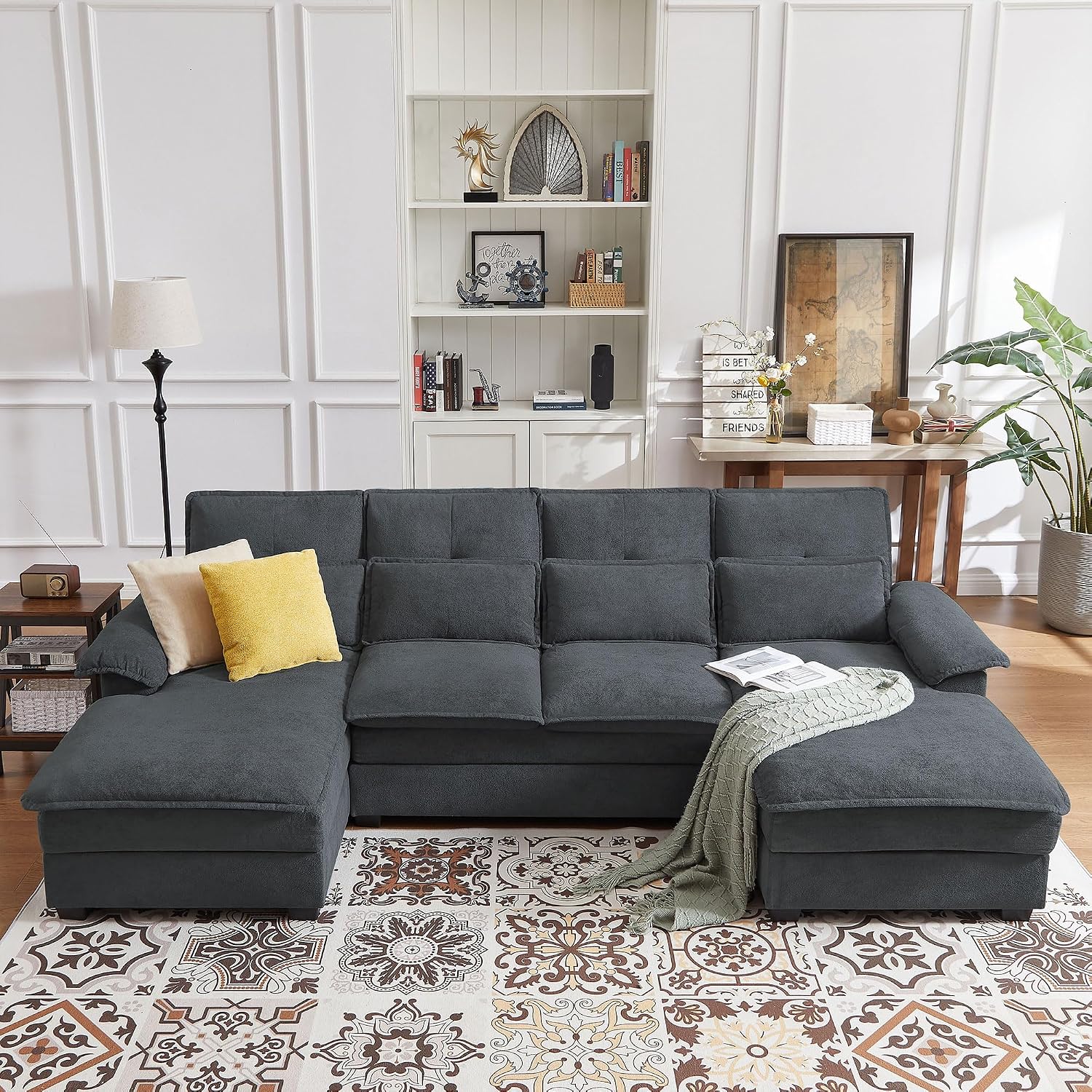 110' Comfy Cloud Couch Sectional Sofa with Lumbar Pillows, Modern U-Shaped Cloud Sofa with Double Chaise & Deep Seat for Living Room, or Office, Easy Assembly, Dark Grey