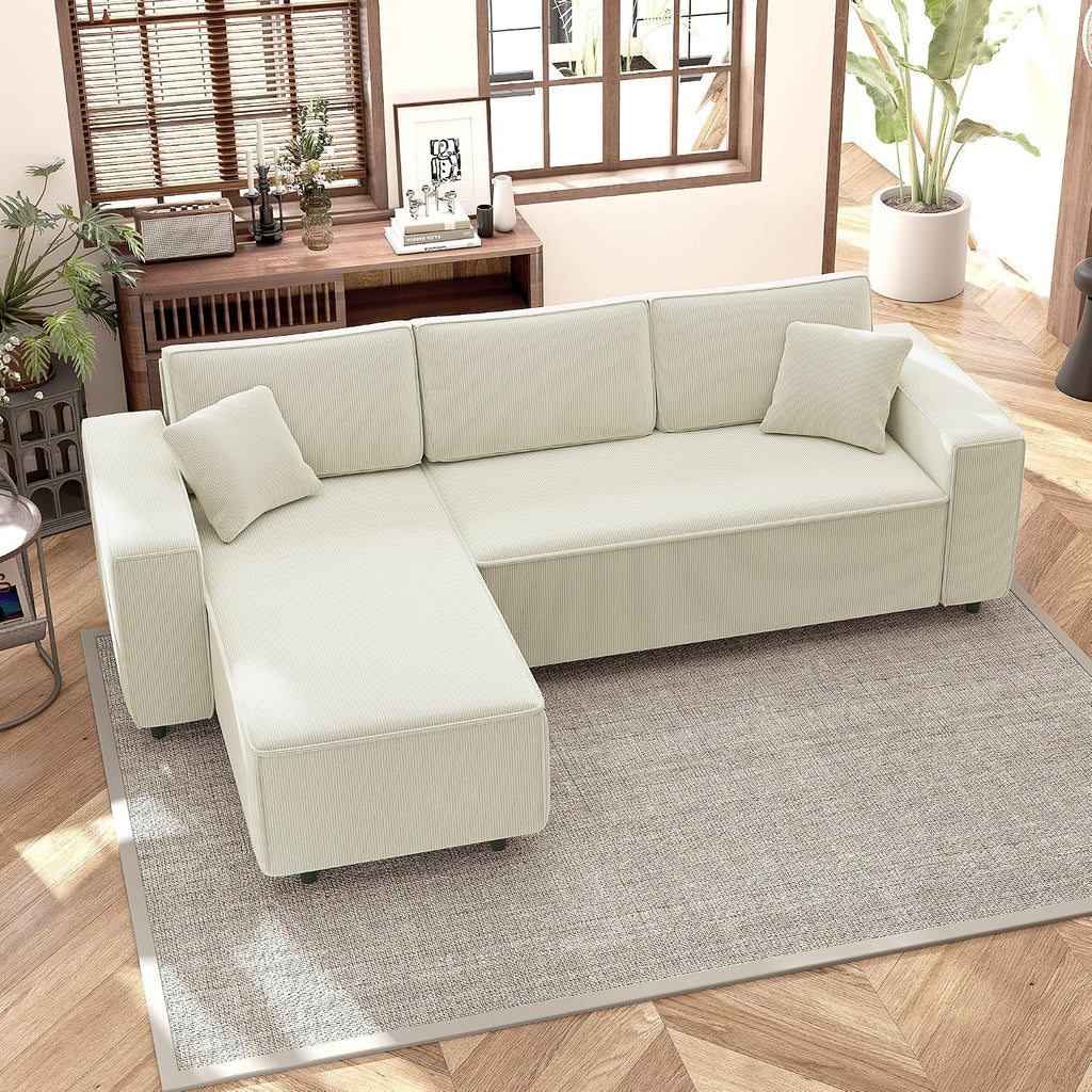 HOMCOM 95' Sectional Sofa with Reversible Chaise Lounge, L-Shaped Corner Sofa with Corduroy Fabric, Pocket Spring, 2 Pillows, Wide Arm, Thick Padded, 3 Seat Couch for Living Room, Cream White