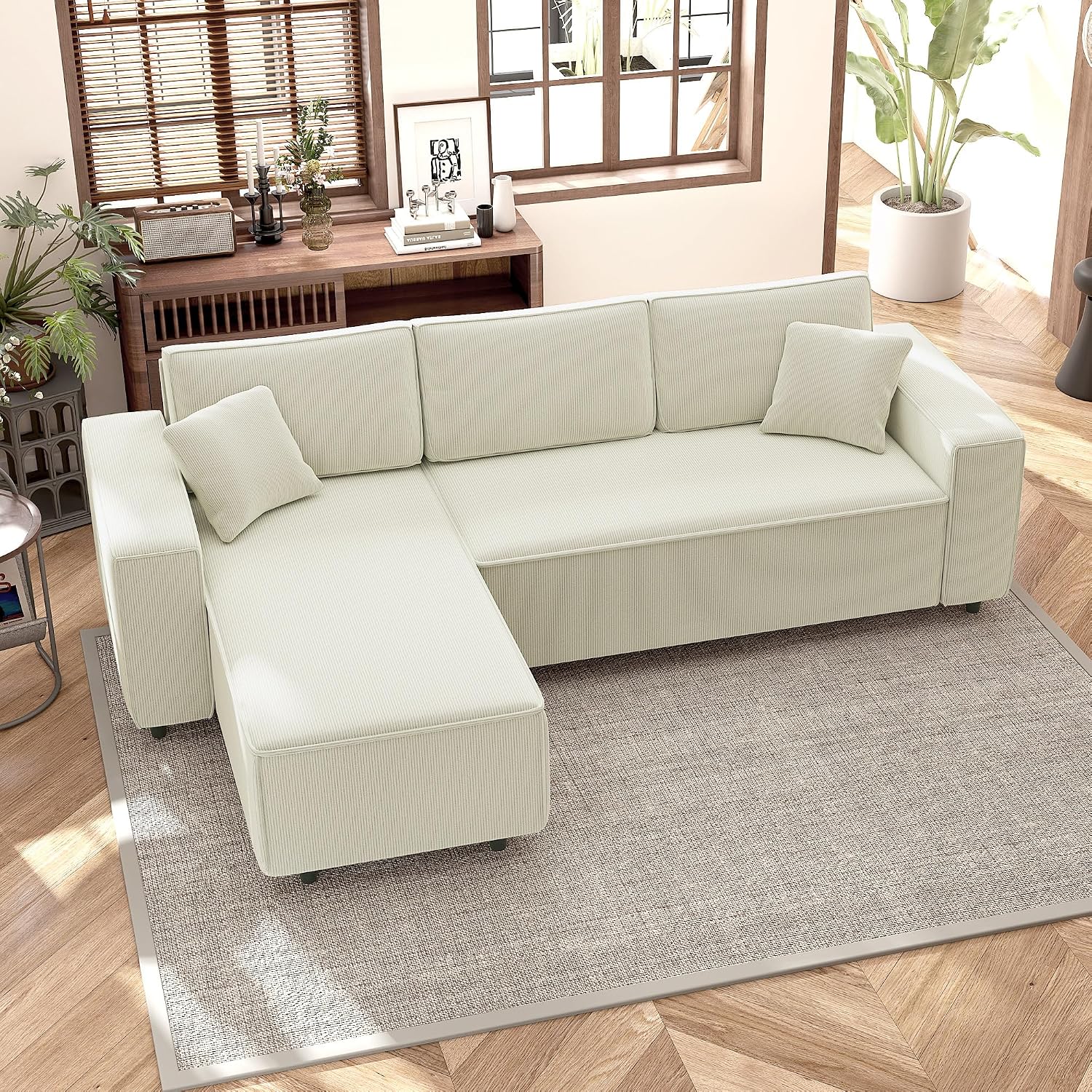 HOMCOM 95' Sectional Sofa with Reversible Chaise Lounge, L-Shaped Corner Sofa with Corduroy Fabric, Pocket Spring, 2 Pillows, Wide Arm, Thick Padded, 3 Seat Couch for Living Room, Cream White