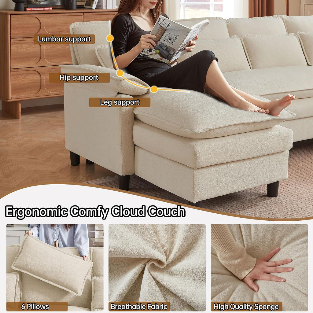 Comfy Cloud Couch Sectional Sofa with Lumbar Pillows, 105' Modern U-Shaped Cloud Sofa with Double Chaise & Deep Seat, Sectional Couches for Living Room, Office, Easy Assembly, Beige