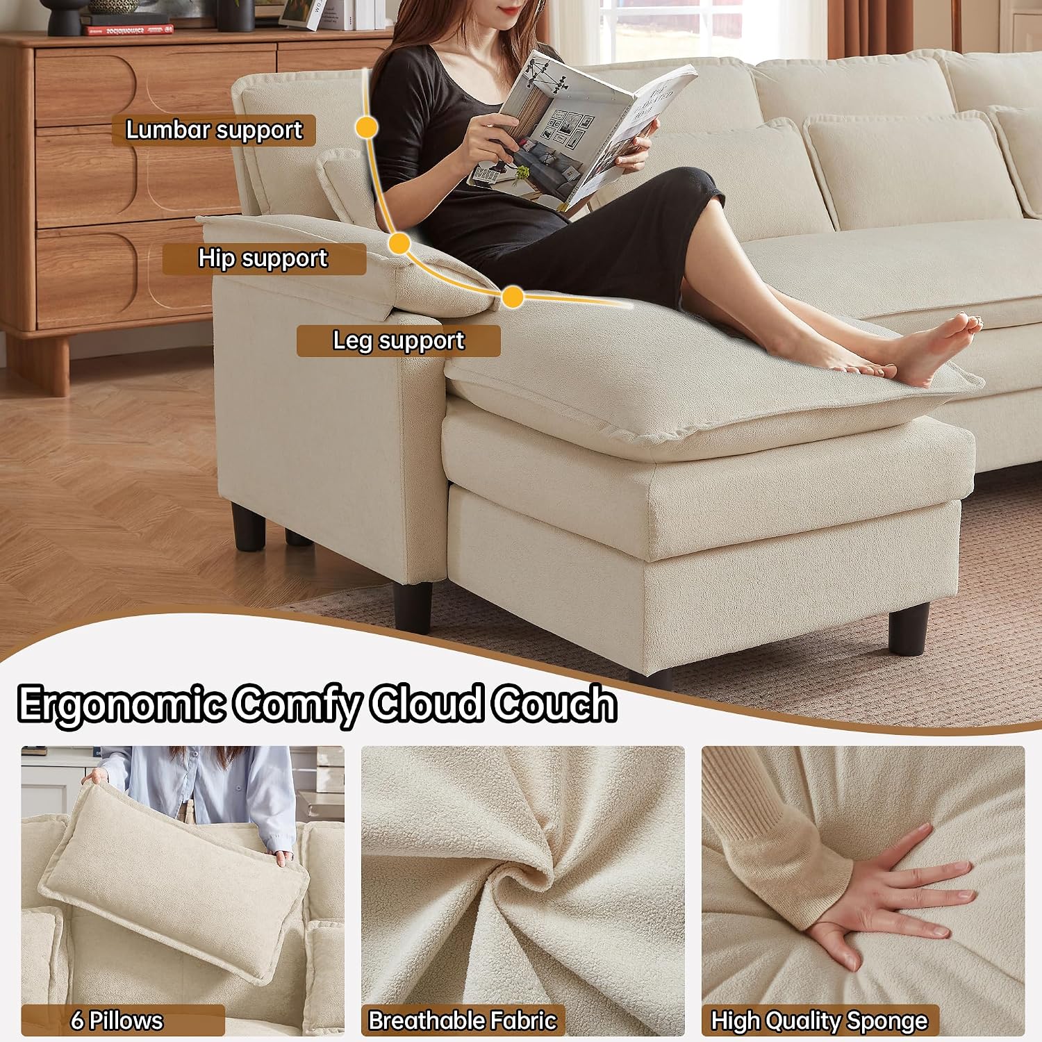 Comfy Cloud Couch Sectional Sofa with Lumbar Pillows, 105' Modern U-Shaped Cloud Sofa with Double Chaise & Deep Seat, Sectional Couches for Living Room, Office, Easy Assembly, Beige