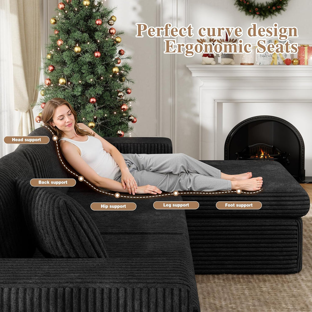 JAMFLY 105' Boneless Couches for Living Room Modular Sectional Sofa L-Shape Couch with Oversized Chaise, Cloud Couch Deep Seat Memory Foam Upholstered for Bedroom, Plush Corduroy Fabric,Night Black