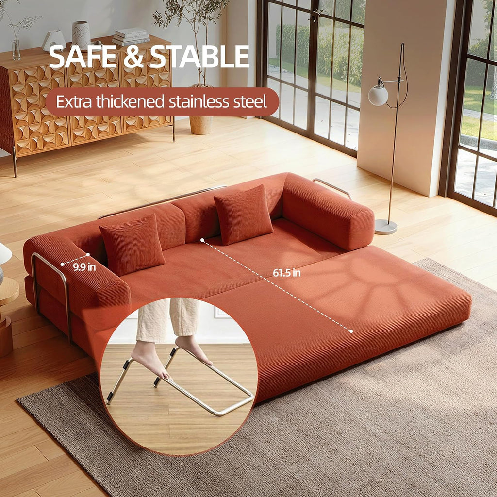 5-in-1 Folding Convertible Sofa Bed, Loveseat Sleeper with Pull-Out Bed, Floor Sofa Modular Futon Couch, 79' Oversized Corduroy Upholstered Boneless Couch for Living Room, Bedroom, Lounge, Orange-A