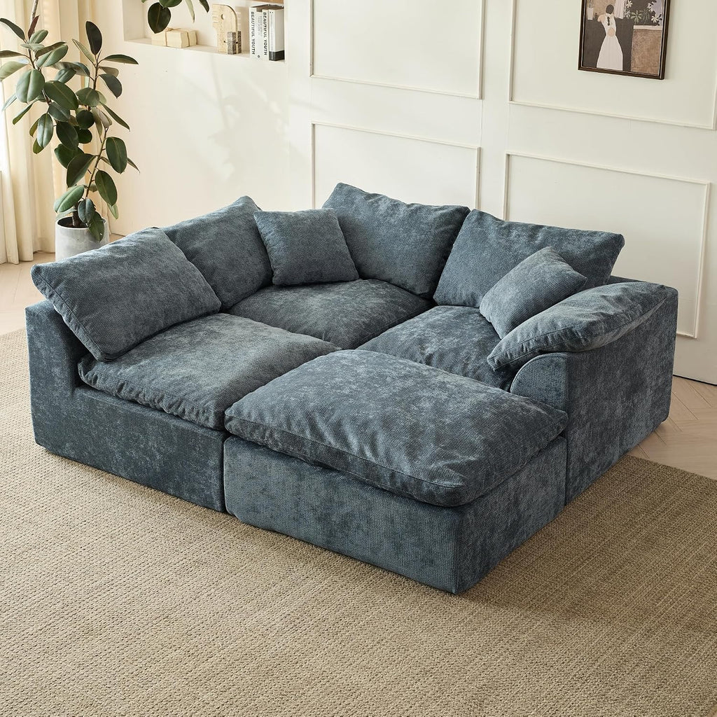 109' Modern Cloud Couches for Living Room, Deep Seat Convertible L-Shape Boneless Couch with Ottoman, Oversized Comfy 3-Seater Couch Chenille Fabric Compressed Sofa Modular Sectional Sofa, (Blue)