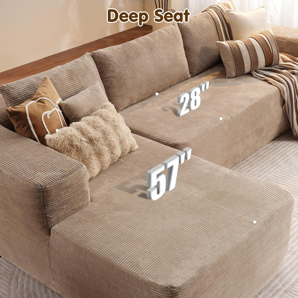 ovios 104' Cloud Boneless Couch with L-Shape Chaise,Modern Sectional Modular Sofa with Deep Seat, Upholstered Couches for Living Room Bedroom,No Assembly Required, Camel (Corduroy Fabric)