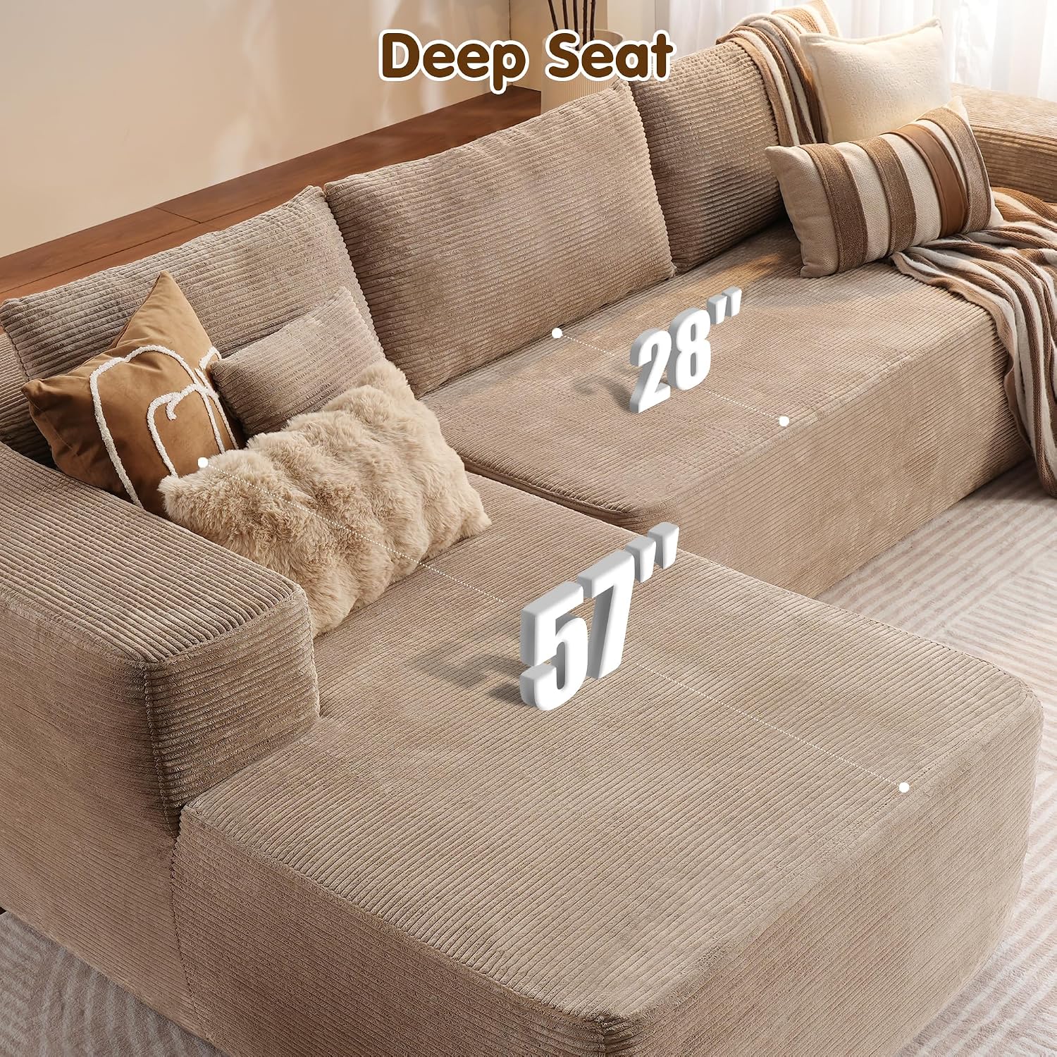 ovios 104' Cloud Boneless Couch with L-Shape Chaise,Modern Sectional Modular Sofa with Deep Seat, Upholstered Couches for Living Room Bedroom,No Assembly Required, Camel (Corduroy Fabric)