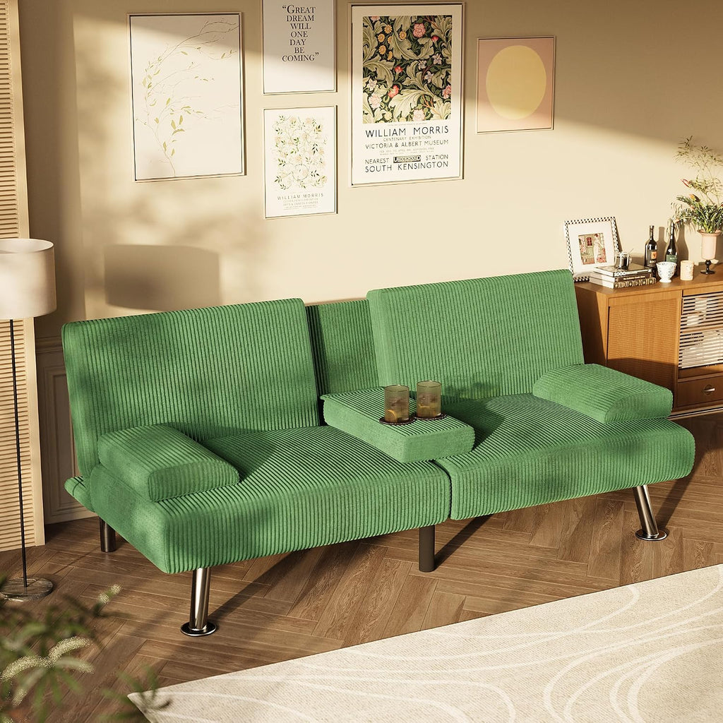 Homall Futon Sofa Bed, Futon Couch with Removable Armrests, Adjustable Recliner Sleeper Sofa Bed with Dual Cup Holders for Living Room, Apartment, Office (Corduroy, Green)