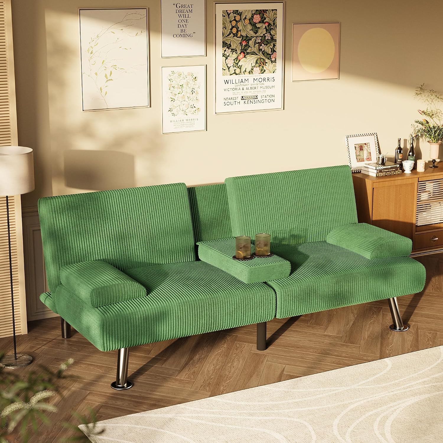Homall Futon Sofa Bed, Futon Couch with Removable Armrests, Adjustable Recliner Sleeper Sofa Bed with Dual Cup Holders for Living Room, Apartment, Office (Corduroy, Green)