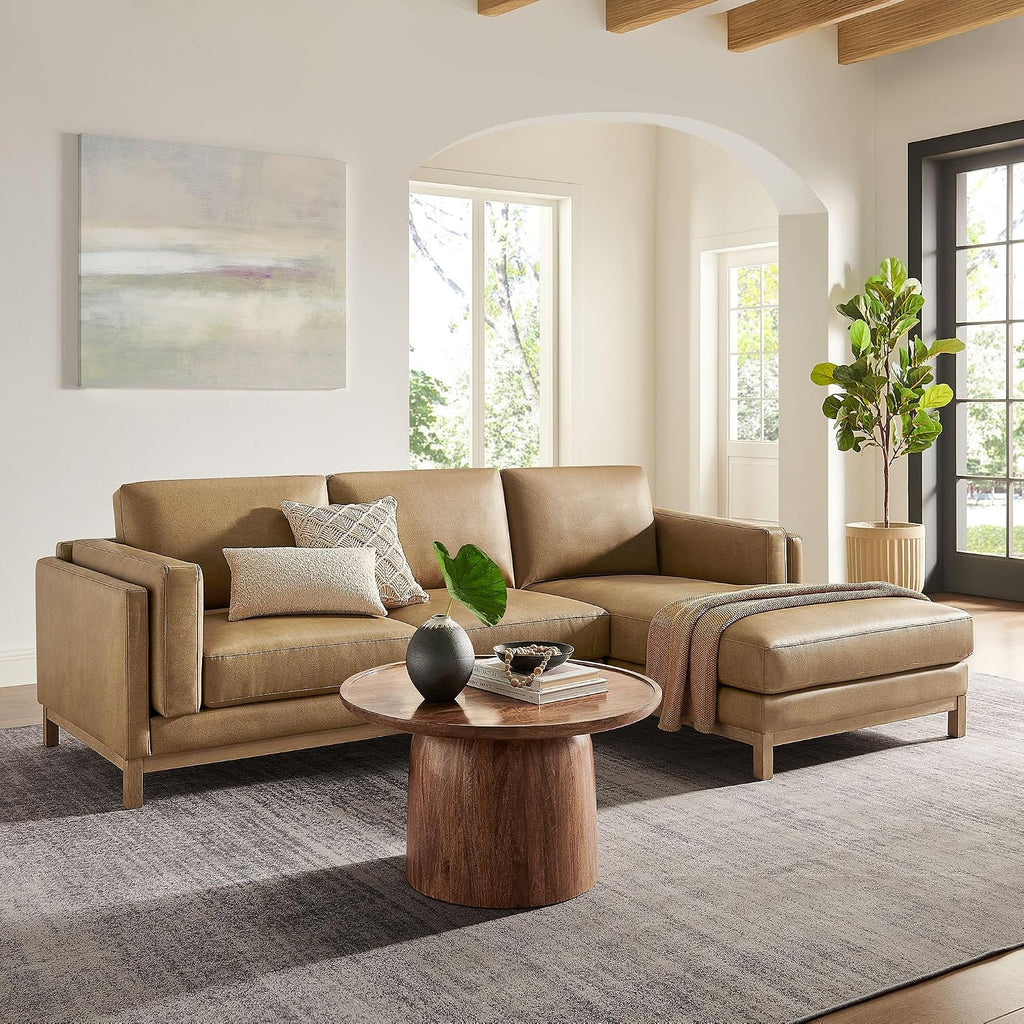 Modway Roscoe Right-Facing Sectional Sofa with Chaise in Toast - 2-Piece Faux Leather Upholstered Deep Seat Couch, L Shaped Modular for Living Room or Lounge