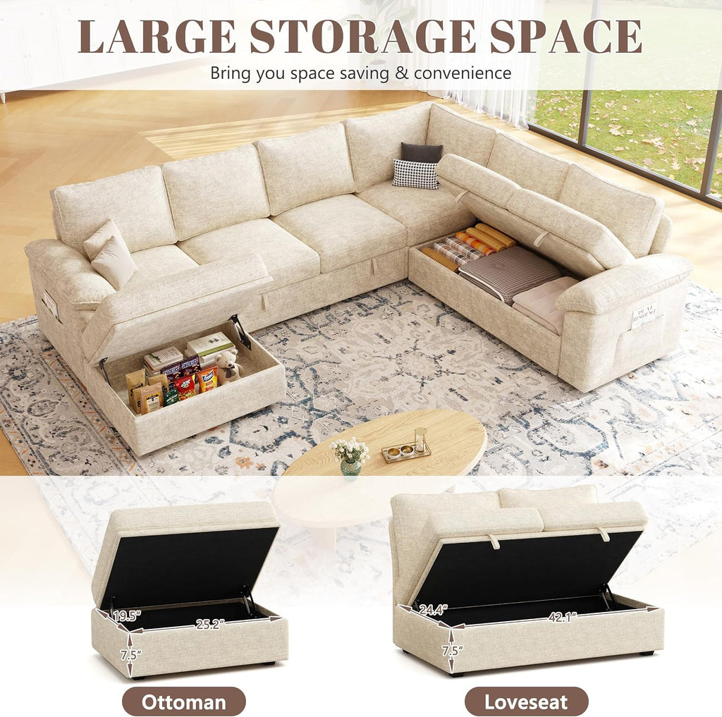 108 Inch Modular Sectional Sofa with Pull Out Bed,U Shaped 7 Seat Sectional Sleeper Sofa with Storage,Sectional Couches for Living Room,Cloud Modular Couch,Removable Sofa Cover,Beige