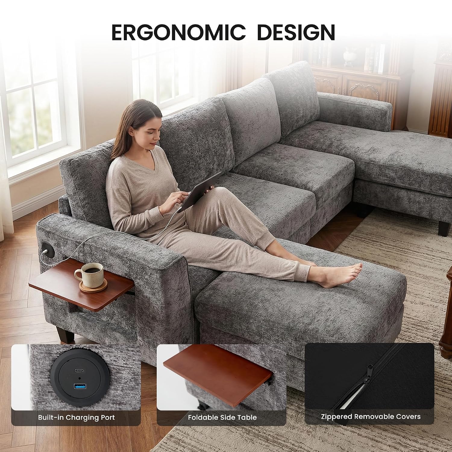 MALOL 118' Sectional U-Shaped Cloud Couch, Modular Modern 4-Seat Sofa, with USB Type C Ports, Foldable Side Table and 2 Ottomans, for Home Living Room, Grey