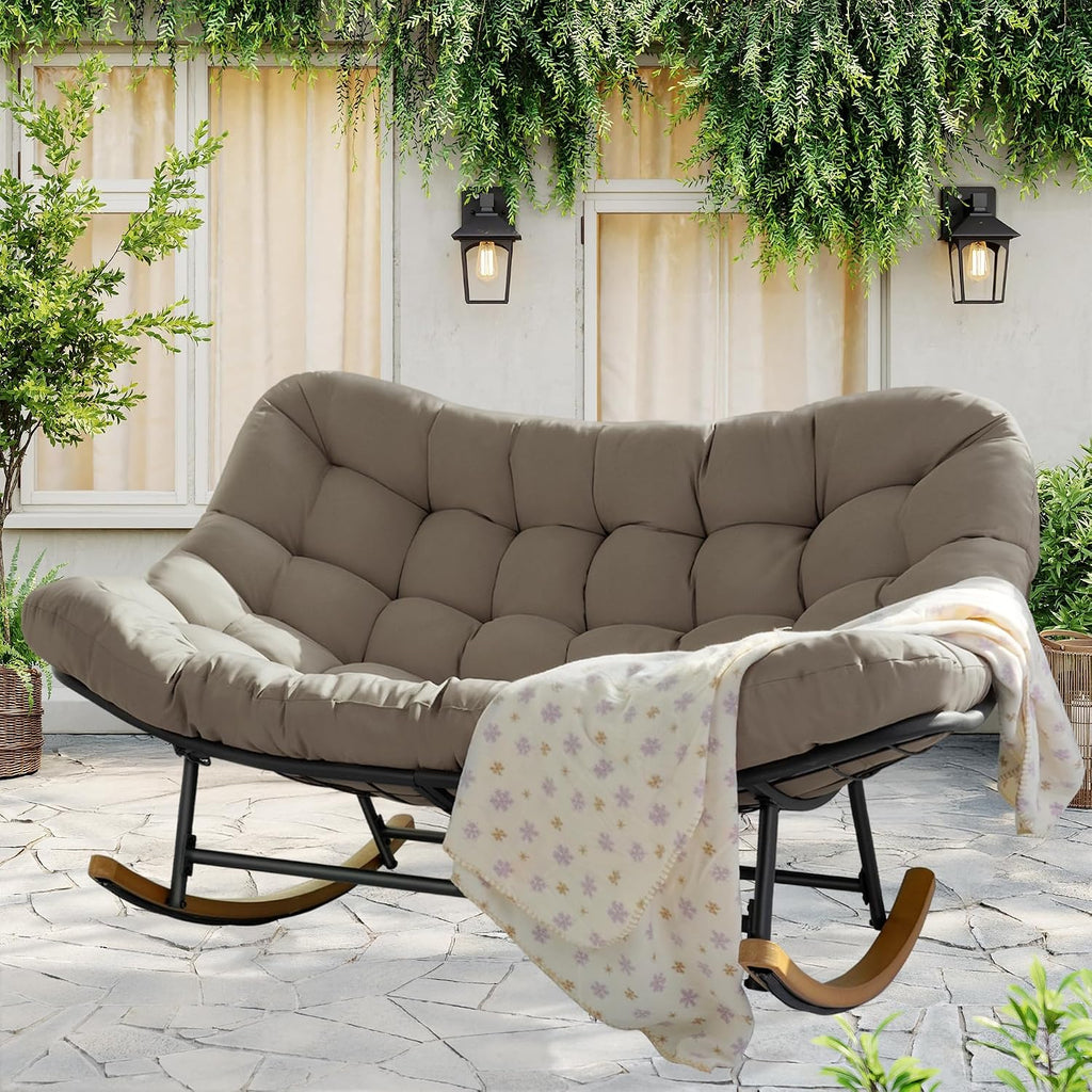 Double Outdoor Papasan Rocking Chair, Oversized Papasan Loveseat with 6' Weatherproof Cushion & PE Rattan Frame, All-Weather Patio Furniture for 2 Adults,Khaki