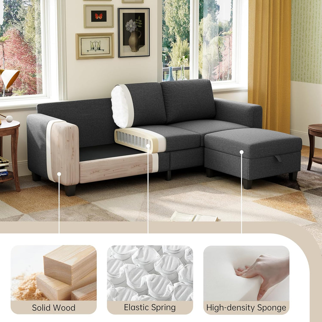 78' Sectional Sofa Couches for Living Room, Dark Grey Convertible L Shaped Couch with Storage Ottoman, Deep Seat Pet-Friendly Linen Fabric Sofa Set for Small Space, Apartment, Dorm