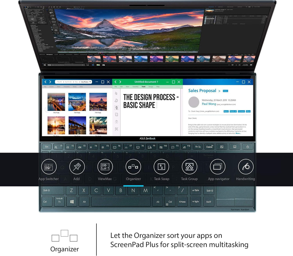 ASUS ZenBook Duo UX481 14' FHD NanoEdge Bezel Touch, Intel Core i7-10510U, 16GB RAM, 1TB PCIe SSD, GeForce MX250, Innovative ScreenPad Plus, Windows 10 Pro - UX481FL-XS74T, Celestial Blue