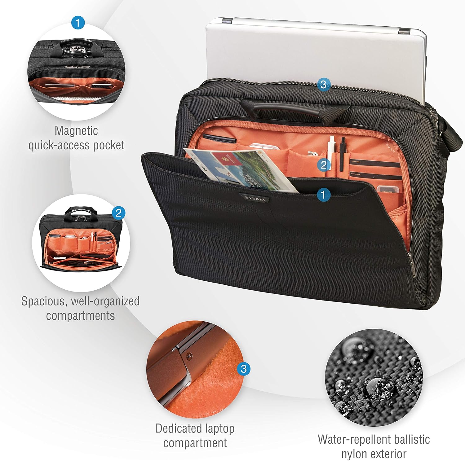 EVERKI Lunar Large Laptop Briefcase - Water-Repellent Durable Ballistic Nylon & Leather Accent Briefcase Bag, Professional Work/Gaming Laptop Bag for 18.4' Lap top, 19L Capacity (EKB417BK18) Black