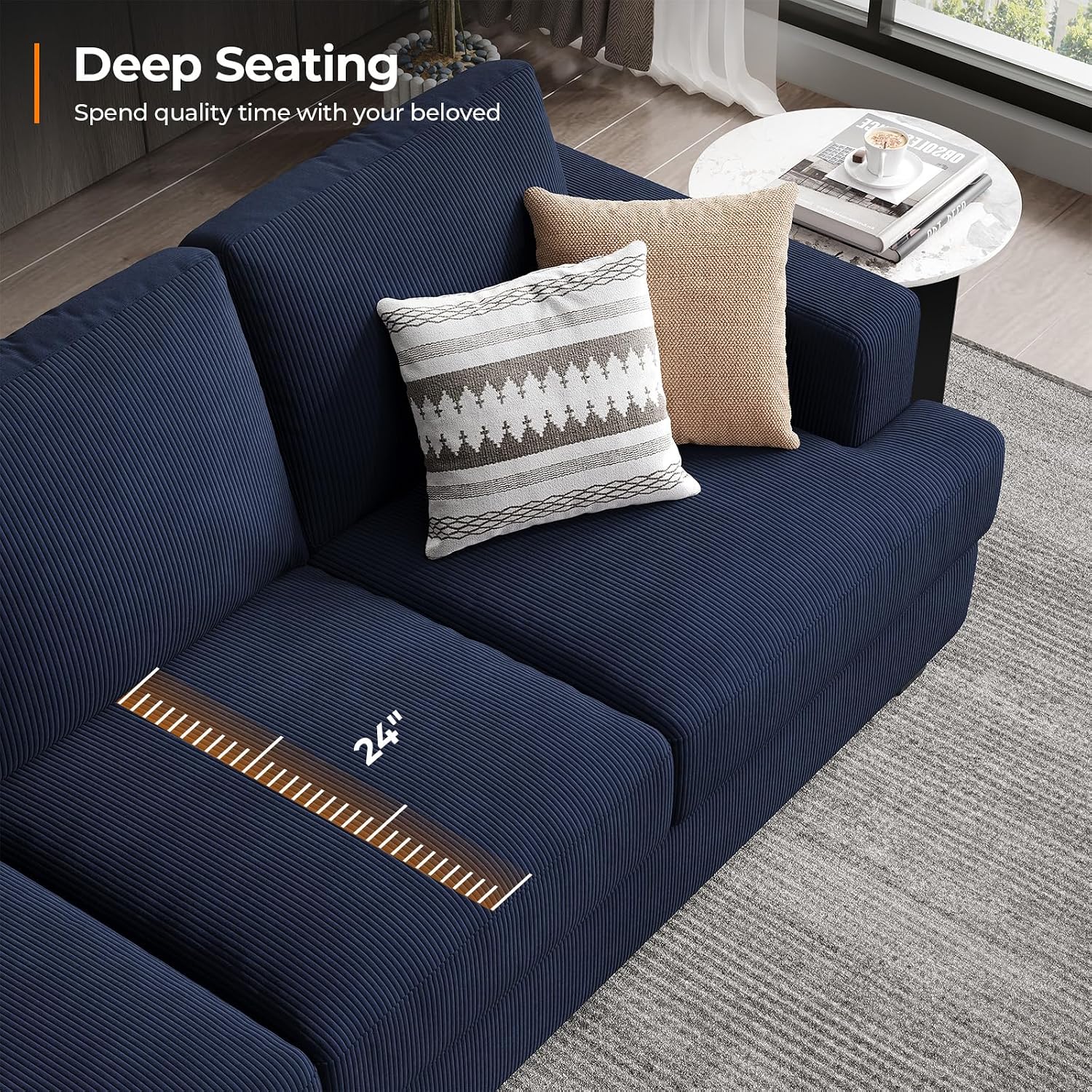 COPIAE 89 Inch Sofa with Extra Deep Seats Oversize, 3 Seater Sofa for Living Room, Modern Couch and Sofa, Comfy Armrests and Seats and Backrests, Easy Installation, Corduroy Fabric Blue
