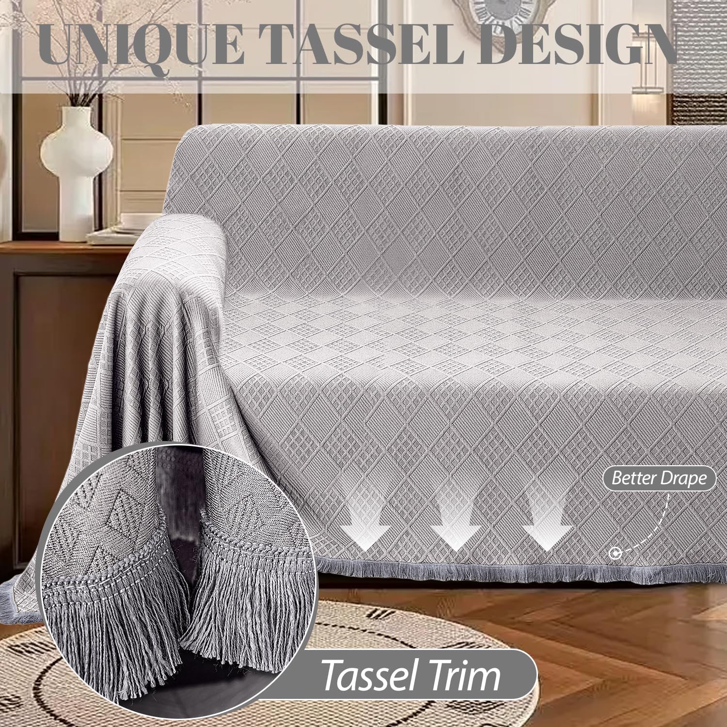 Waterproof Sectional Couch Covers Sectional Sofa Cover L Shaped Corner Sofa Slipcovers Blanket for Dogs Pets Washable Jacquard Quilted L Shape Furniture Protector (75x252 in, Ash Gray)
