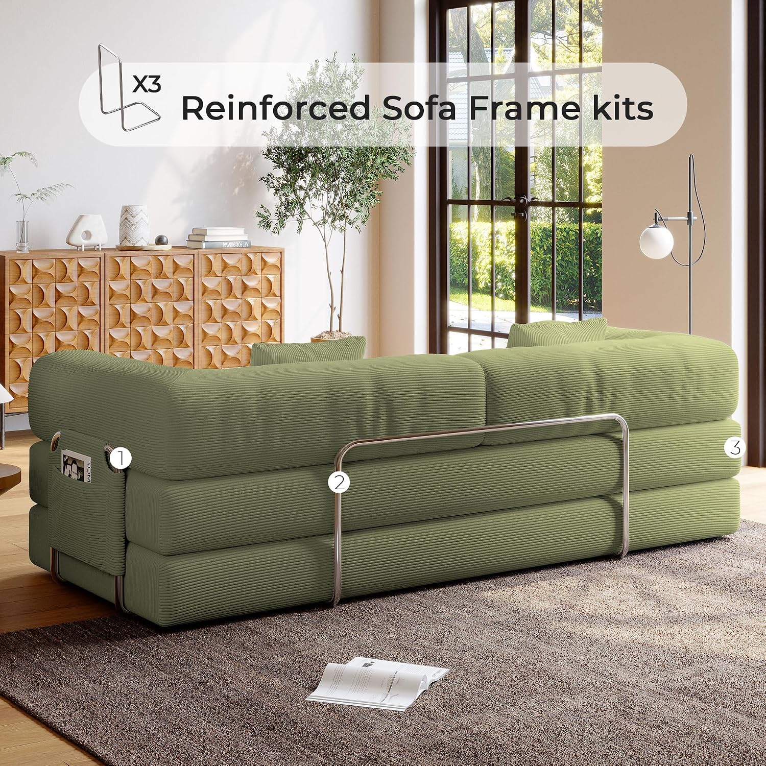 5-in-1 Folding Convertible Sofa Bed, Loveseat Sleeper with Pull-Out Bed, Floor Sofa Modular Futon Couch, 79' Oversized Corduroy Upholstered Boneless Couch for Living Room, Bedroom, Lounge, A-Green