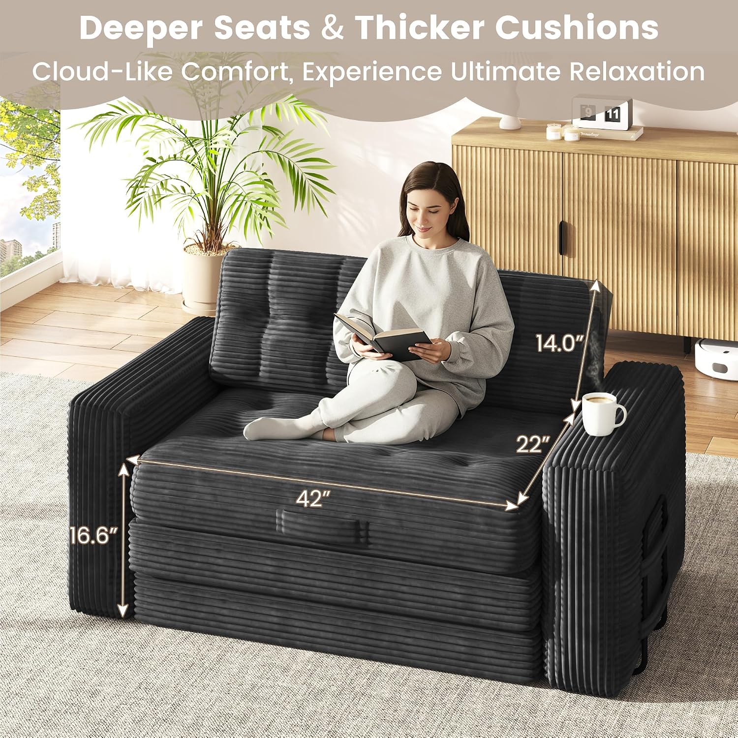Convertible Sofa Bed, 2 in 1 Boneless Couch Bed with 2 Pillows, Corduroy Pull out Couch Folding Sofa Bed with Deep Seat, Small Loveseat Sleeper Sofa Bed in a Box for Small Spaces, No Assembly Required