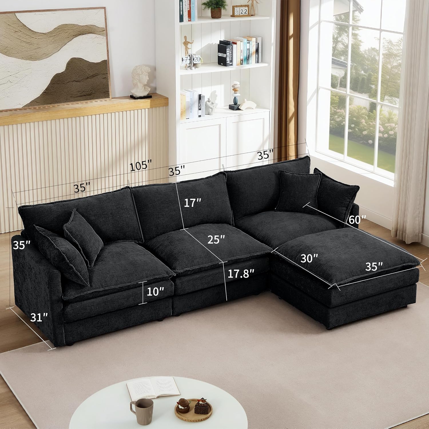 Harper & Bright Designs 105' W Modular L-Shaped Sectional Sofa with Removable Ottoman, 3-Seater Configurable Layout, Black